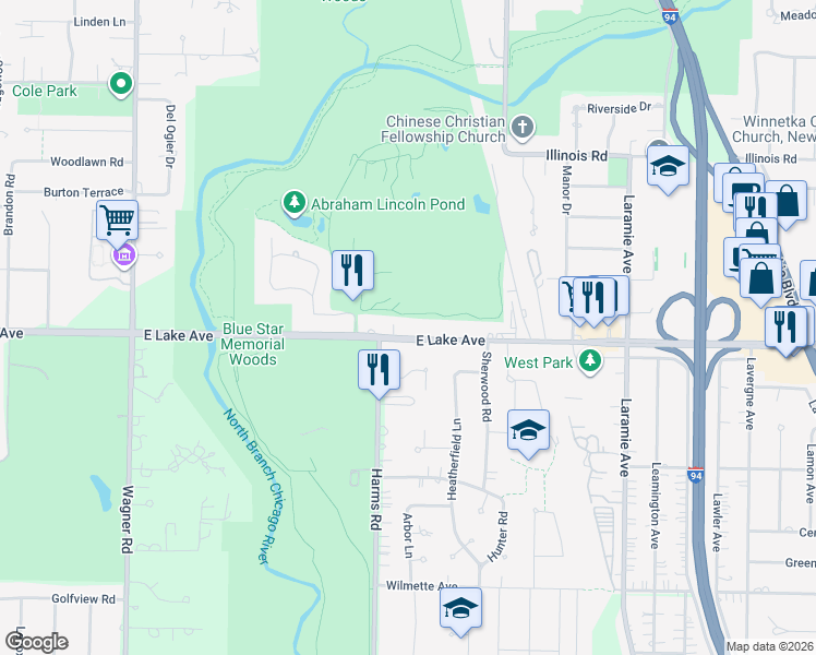 map of restaurants, bars, coffee shops, grocery stores, and more near 411 East Lake Avenue in Glenview