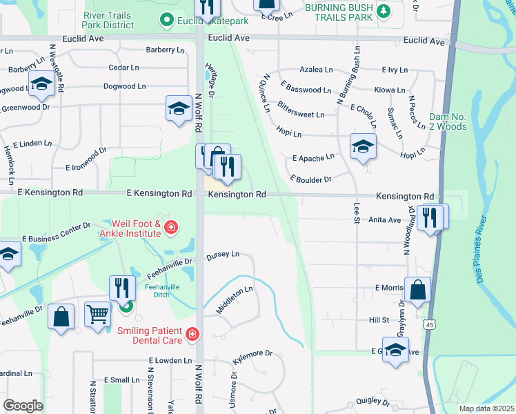 map of restaurants, bars, coffee shops, grocery stores, and more near 1703-1751 East Kensington Road in Mount Prospect