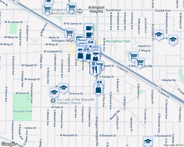 map of restaurants, bars, coffee shops, grocery stores, and more near 208 South Arlington Heights Road in Arlington Heights
