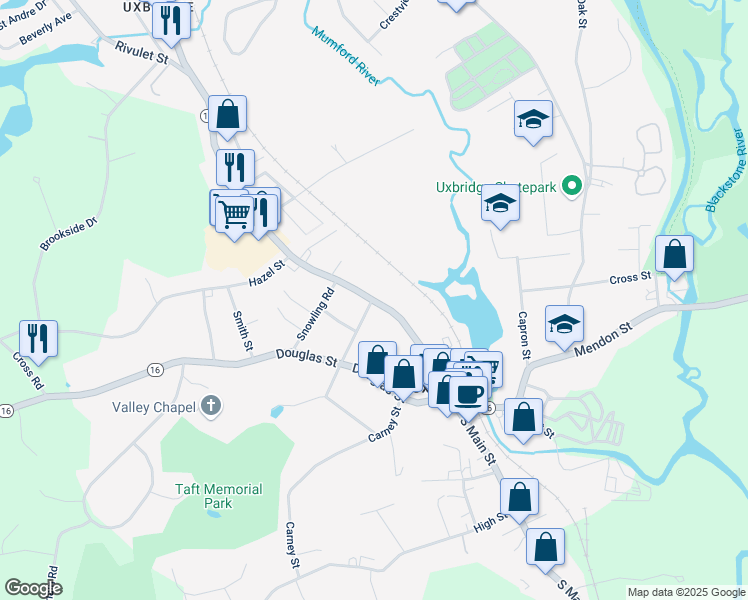 map of restaurants, bars, coffee shops, grocery stores, and more near 77 North Main Street in Uxbridge