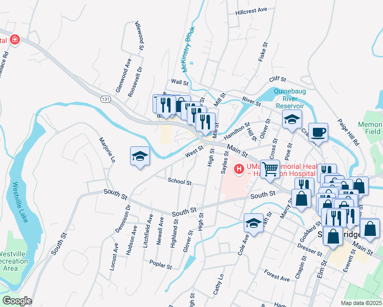 map of restaurants, bars, coffee shops, grocery stores, and more near 45 West Street in Southbridge