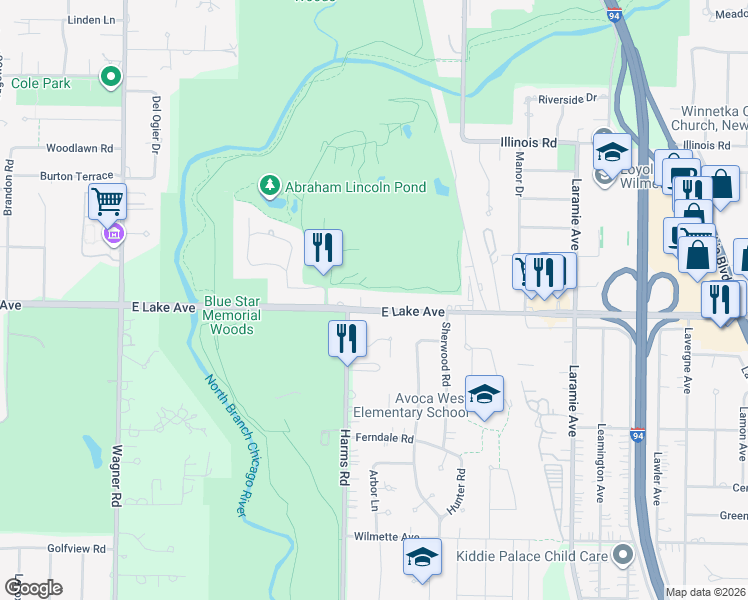map of restaurants, bars, coffee shops, grocery stores, and more near 411 East Lake Avenue in Glenview