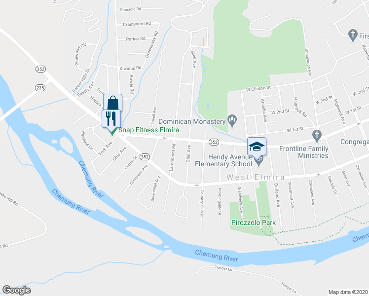 map of restaurants, bars, coffee shops, grocery stores, and more near 127 Glen Avenue in Elmira