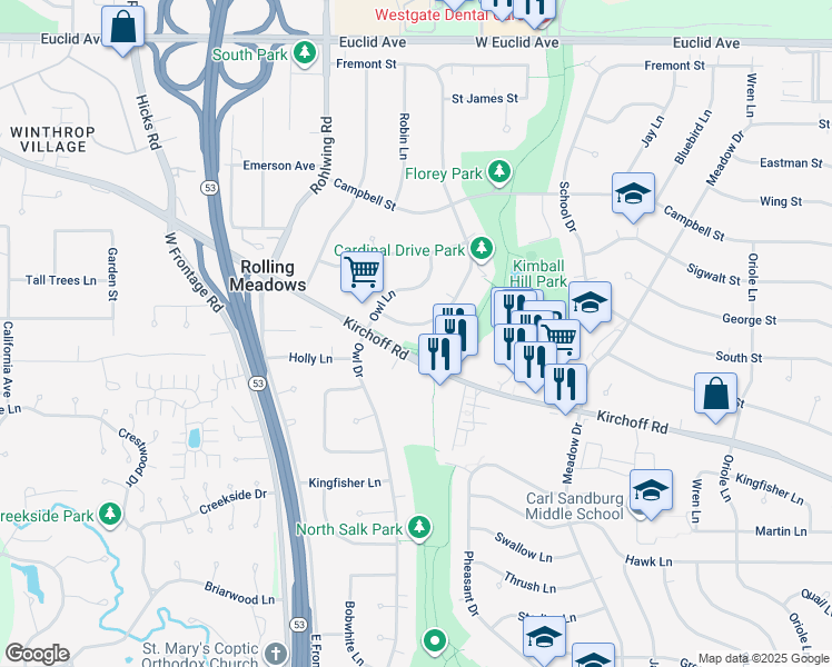 map of restaurants, bars, coffee shops, grocery stores, and more near 2914 Cardinal Drive in Rolling Meadows