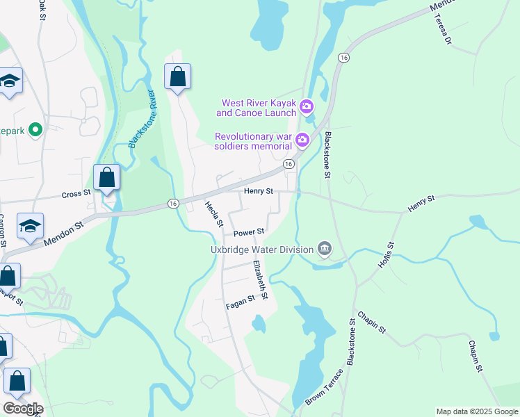 map of restaurants, bars, coffee shops, grocery stores, and more near 52 Power Street in Uxbridge