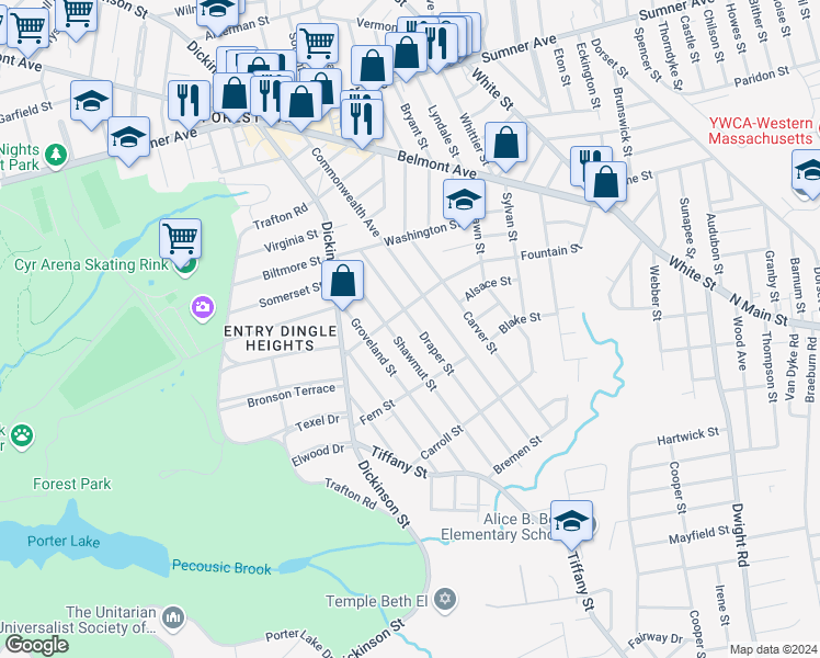 map of restaurants, bars, coffee shops, grocery stores, and more near 98 Draper Street in Springfield