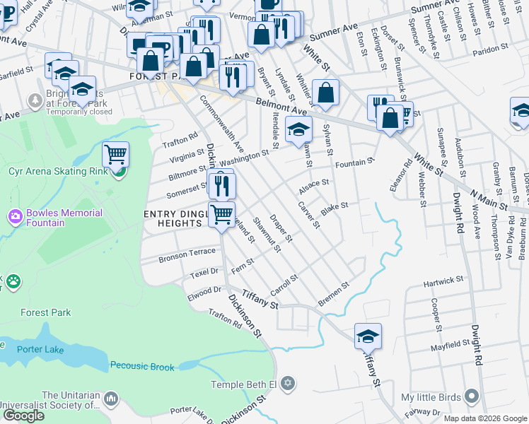 map of restaurants, bars, coffee shops, grocery stores, and more near 116-118 Shawmut Street in Springfield