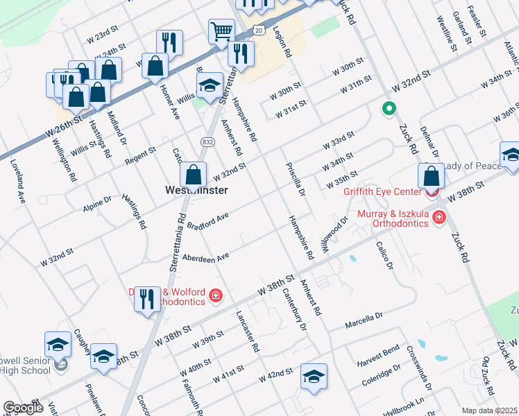 map of restaurants, bars, coffee shops, grocery stores, and more near 3101 Bradford Avenue in Erie
