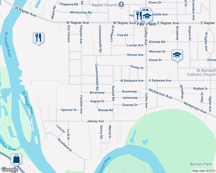 map of restaurants, bars, coffee shops, grocery stores, and more near 335 Brownway in Benton Harbor