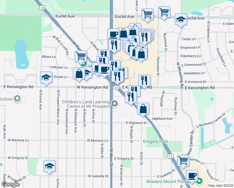 map of restaurants, bars, coffee shops, grocery stores, and more near 709 North Main Street in Mount Prospect