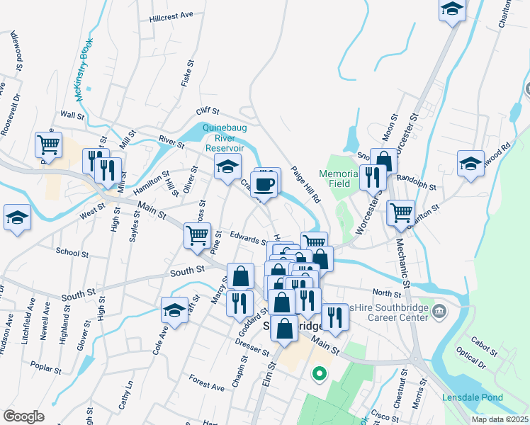 map of restaurants, bars, coffee shops, grocery stores, and more near 208 Hamilton Street in Southbridge