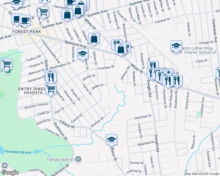 map of restaurants, bars, coffee shops, grocery stores, and more near 164 Belvidere Street in Springfield