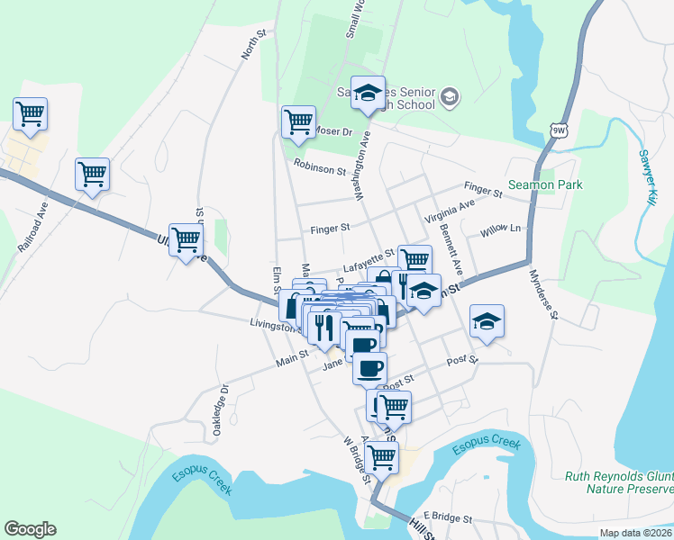 map of restaurants, bars, coffee shops, grocery stores, and more near Partition Street & Lafayette Street in Saugerties