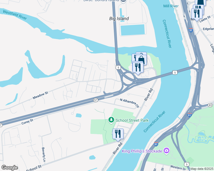 map of restaurants, bars, coffee shops, grocery stores, and more near 36 Ellison Avenue in Agawam