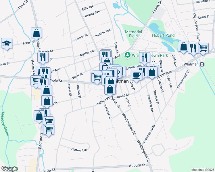 map of restaurants, bars, coffee shops, grocery stores, and more near 22 Legion Parkway in Whitman