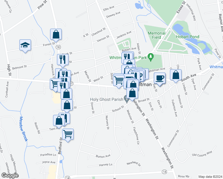 map of restaurants, bars, coffee shops, grocery stores, and more near 50 Legion Parkway in Whitman