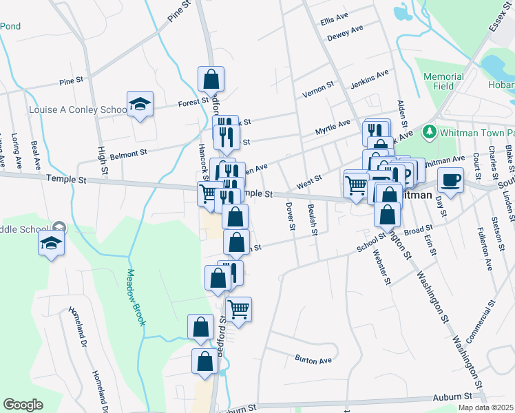 map of restaurants, bars, coffee shops, grocery stores, and more near 35 Pin Oak Way in Whitman