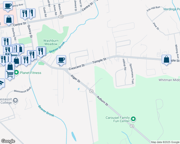 map of restaurants, bars, coffee shops, grocery stores, and more near 50-92 Alger Street in Brockton