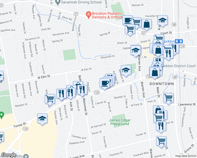 map of restaurants, bars, coffee shops, grocery stores, and more near 16 Kensington Place in Brockton