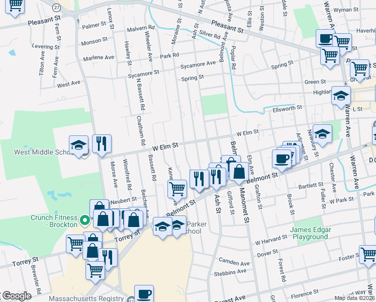 map of restaurants, bars, coffee shops, grocery stores, and more near 277 Moraine Street in Brockton