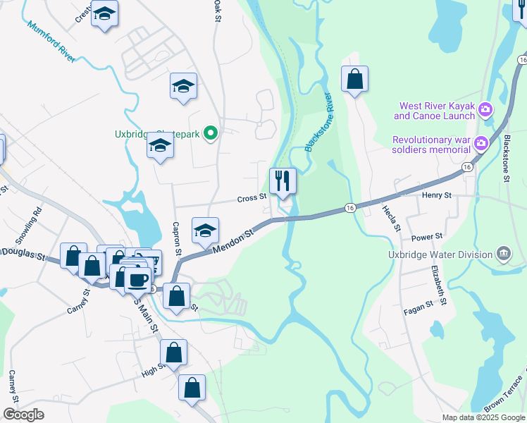 map of restaurants, bars, coffee shops, grocery stores, and more near 126 Mendon Street in Uxbridge
