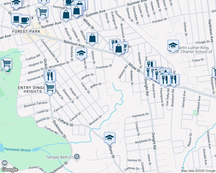 map of restaurants, bars, coffee shops, grocery stores, and more near 164 Belvidere Street in Springfield