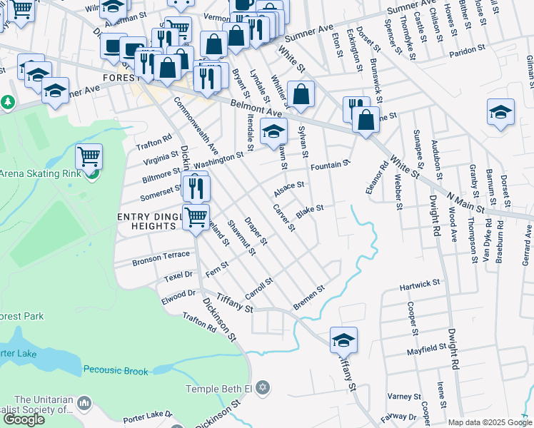 map of restaurants, bars, coffee shops, grocery stores, and more near 133 Draper Street in Springfield