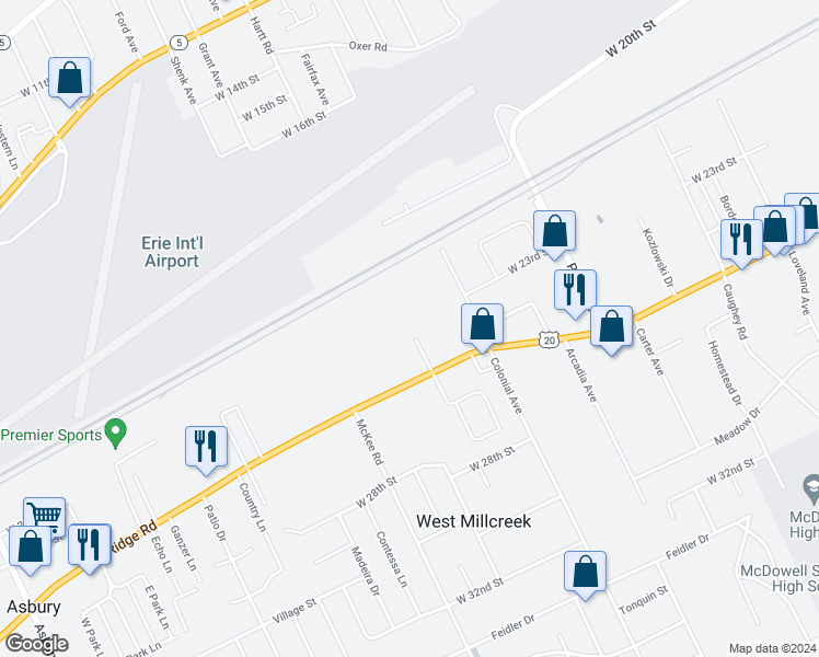 map of restaurants, bars, coffee shops, grocery stores, and more near 4126 West Ridge Road in Erie