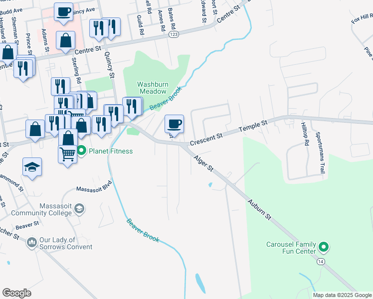 map of restaurants, bars, coffee shops, grocery stores, and more near 6 Alger Street in Brockton
