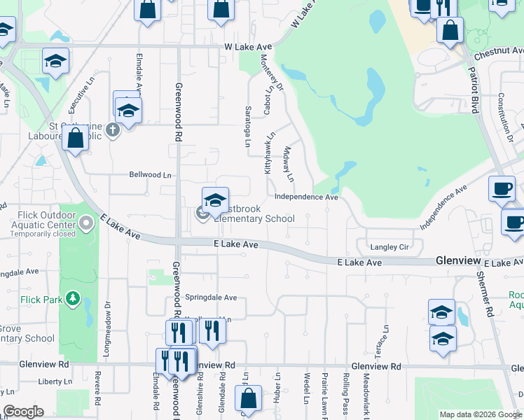 map of restaurants, bars, coffee shops, grocery stores, and more near 1321 Huber Lane in Glenview