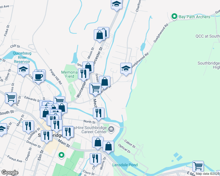 map of restaurants, bars, coffee shops, grocery stores, and more near 122 Charlton Street in Southbridge