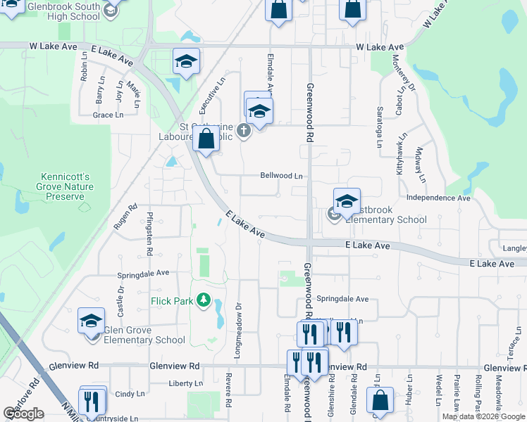 map of restaurants, bars, coffee shops, grocery stores, and more near 3321 Lakewood Court in Glenview