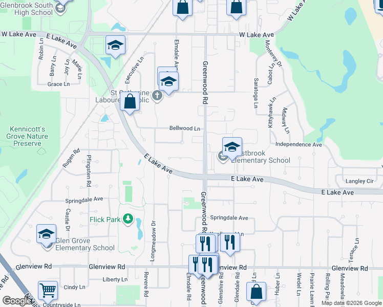 map of restaurants, bars, coffee shops, grocery stores, and more near 1825 Lakewood Court in Glenview