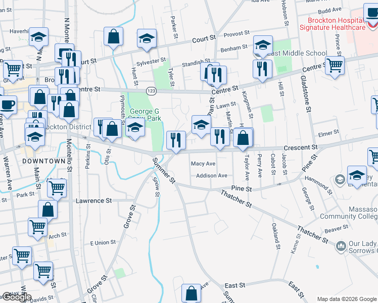 map of restaurants, bars, coffee shops, grocery stores, and more near 341 Crescent Street in Brockton
