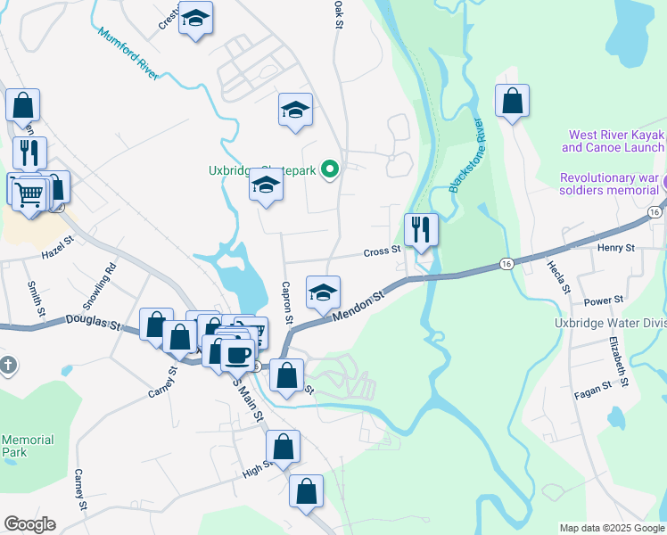 map of restaurants, bars, coffee shops, grocery stores, and more near 33 Oak Street in Uxbridge