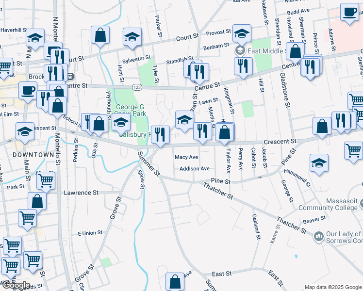 map of restaurants, bars, coffee shops, grocery stores, and more near 362 Crescent Street in Brockton