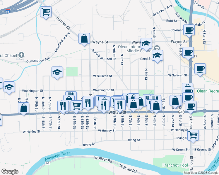 map of restaurants, bars, coffee shops, grocery stores, and more near 1010 Washington Street in Olean