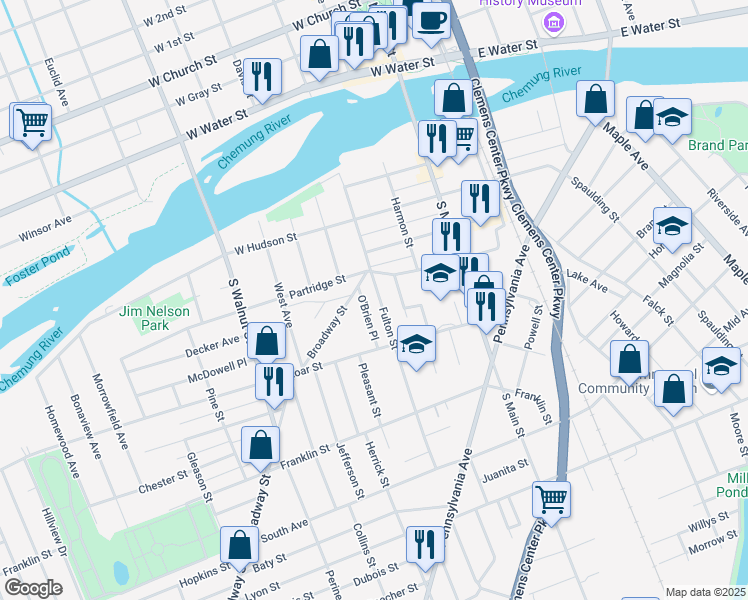 map of restaurants, bars, coffee shops, grocery stores, and more near 375 Fulton Street in Elmira