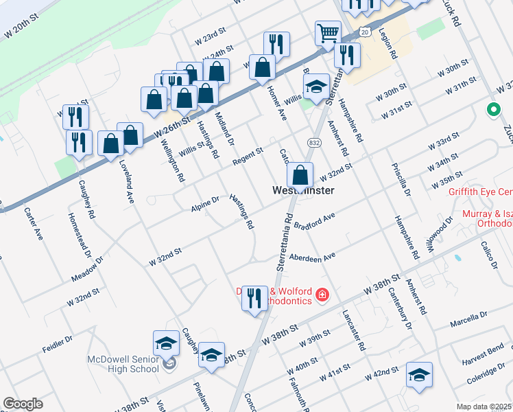 map of restaurants, bars, coffee shops, grocery stores, and more near 3267 W 32nd St in Erie
