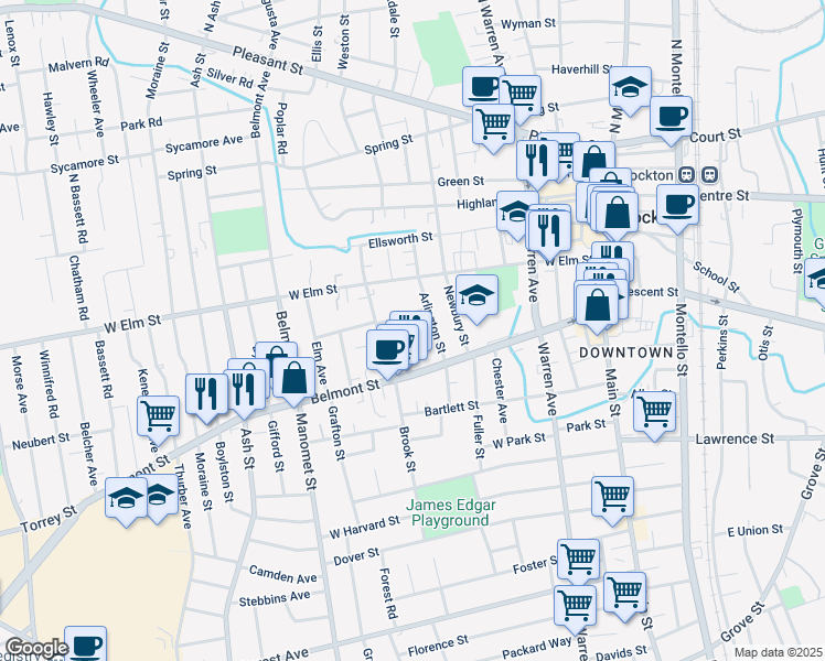 map of restaurants, bars, coffee shops, grocery stores, and more near 27 Wall Street in Brockton
