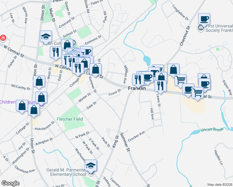 map of restaurants, bars, coffee shops, grocery stores, and more near 106 Summer Street in Franklin