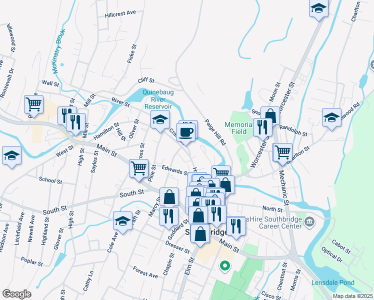 map of restaurants, bars, coffee shops, grocery stores, and more near 208 Hamilton Street in Southbridge