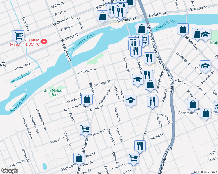 map of restaurants, bars, coffee shops, grocery stores, and more near 312 Broadway Street in Elmira