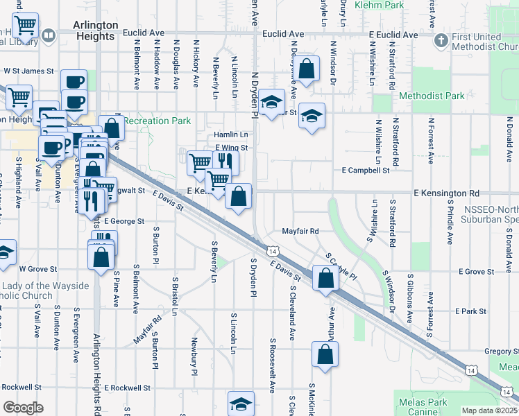 map of restaurants, bars, coffee shops, grocery stores, and more near 117 South Dryden Place in Arlington Heights