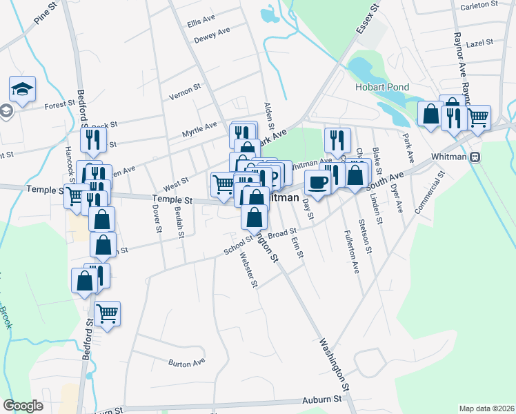 map of restaurants, bars, coffee shops, grocery stores, and more near 563 Washington Street in Whitman