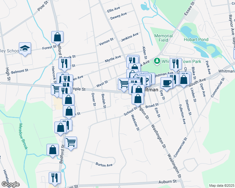 map of restaurants, bars, coffee shops, grocery stores, and more near 50 Legion Parkway in Whitman