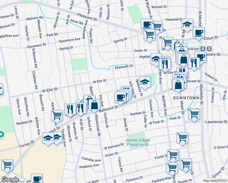 map of restaurants, bars, coffee shops, grocery stores, and more near 16 Kensington Place in Brockton