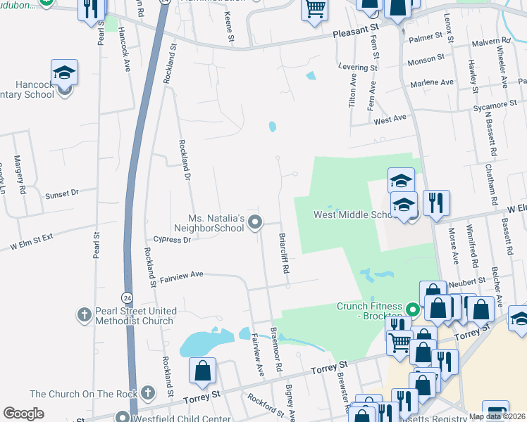 map of restaurants, bars, coffee shops, grocery stores, and more near 192 Braemoor Road in Brockton