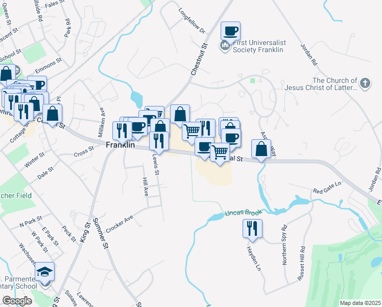 map of restaurants, bars, coffee shops, grocery stores, and more near 340 East Central Street in Franklin