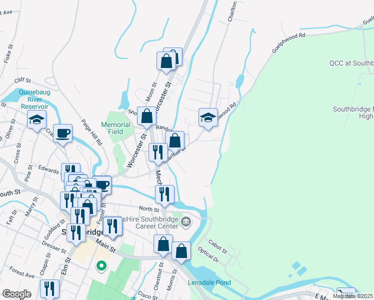 map of restaurants, bars, coffee shops, grocery stores, and more near 122 Charlton Street in Southbridge